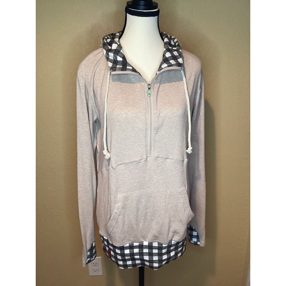 Ampersand Avenue Beige Quarter‎ Zip Hoodie with Gingham Accents Casual Chic